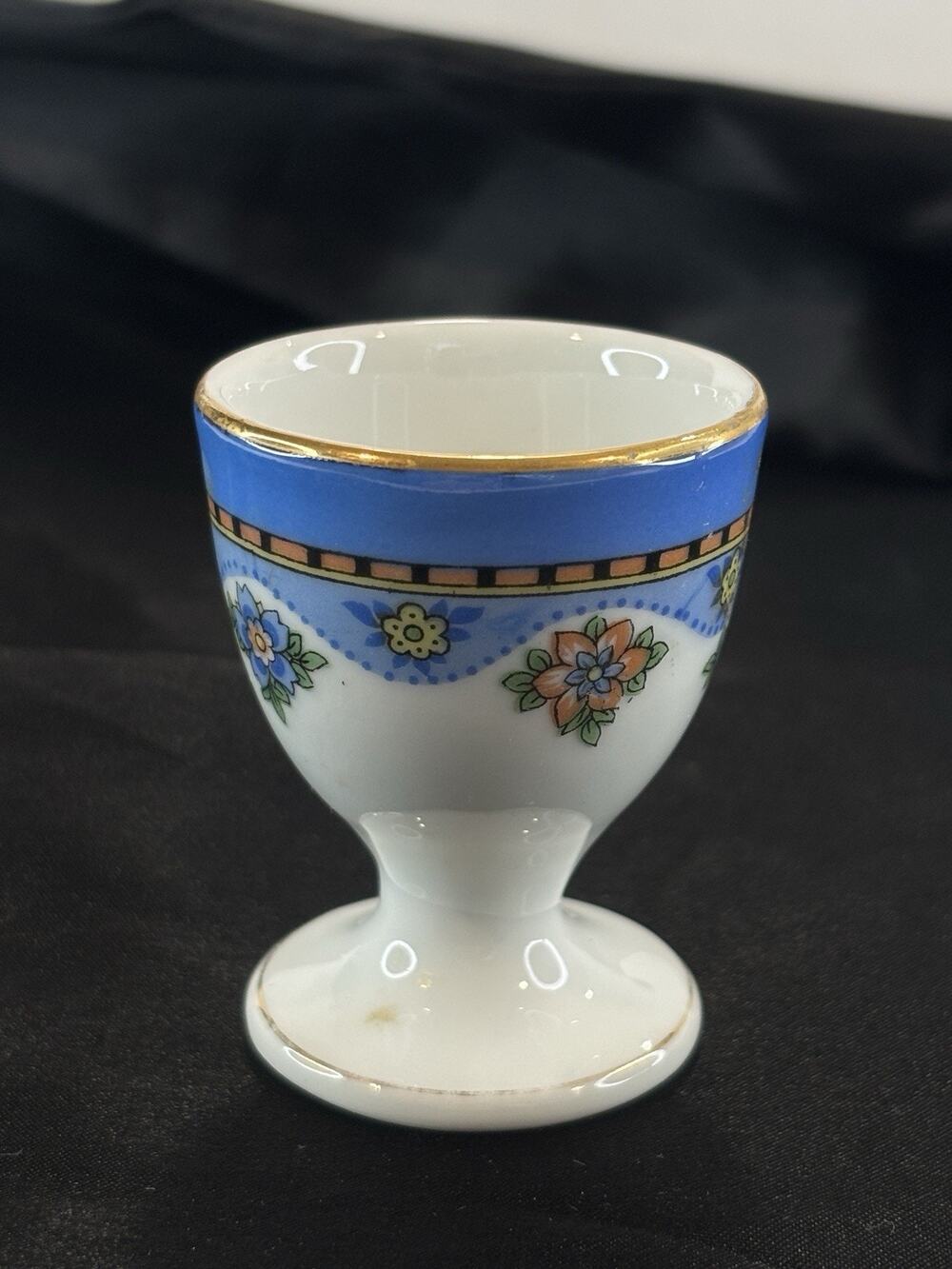Vintage Porcelain Egg Cup 2.5" Blue Floral Gold Trim Footed Pedestal